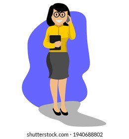 Business woman. The businesswoman with short hairstyle in classical suit. Holds the smartphone in hand. Character illustration isolated on blue background. People vector illustration in flat style.