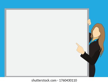 Business woman by pointing to a white board. White space for text. Free white boards are written. Vector illustration of stock.