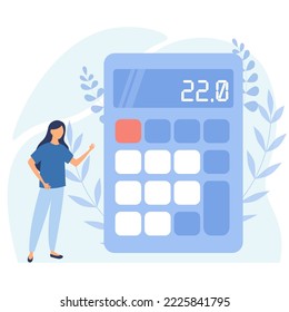 Business woman calculating future success strategy. Work calculation process. Big calculator with numbers