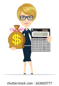 Business woman with a calculator and a full bag of money, vector illustration