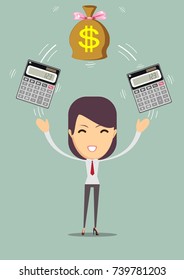 Business woman with calculator and money. Profit, finances concept. Vector, flat illustration