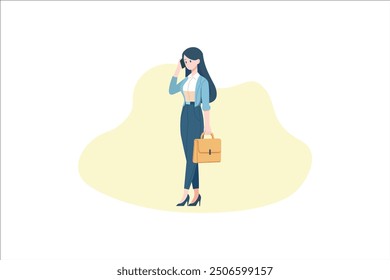 Business woman call smartphone, Cartoon female character talking mobile phone helpline hotline customer support service.