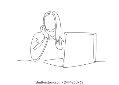 business woman calling in front of laptop is confused.Business call one-line drawing