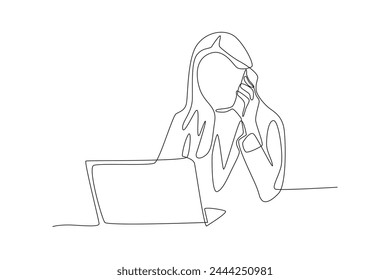 business woman calling in front of laptop seriously.Business call one-line drawing