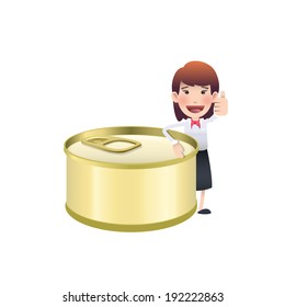 Business woman with can of tuna over white background