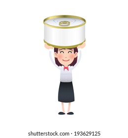 Business Woman With Can Of Tuna Over White Background