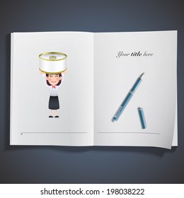 Business woman with can of tuna printed on book
