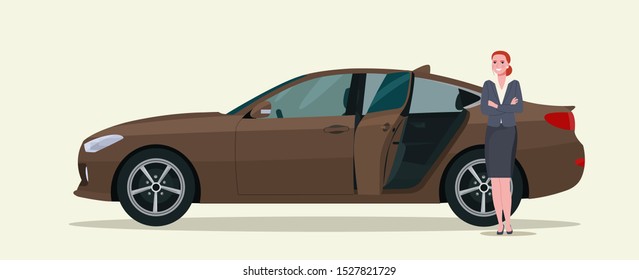 A business woman and car sedan with open back door. Vector flat style illustration.