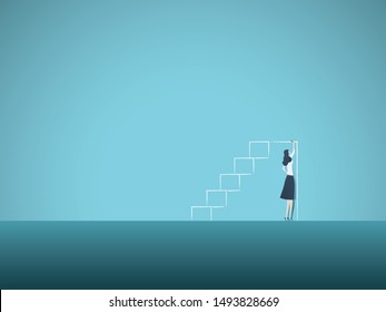 Business woman career ambition and motivation vector poster template with businesswoman drawing steps. Symbol of corporate ladder, job opportunity, achievement and leadership. Eps10 illustration.