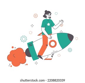 Business woman career growth, rocket startup concept. Female character flying on rocket, company launching or career growth flat vector illustration. Business success