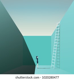 Business woman career opportunity vector concept with businesswoman standing in front of corporate ladder symbol. eps10 vector illustration.