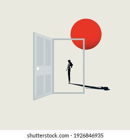 Business Woman Career Opportunity Vector Concept With Open Door. Symbol Of Emancipation, Strength And Future. Eps10 Illustration.