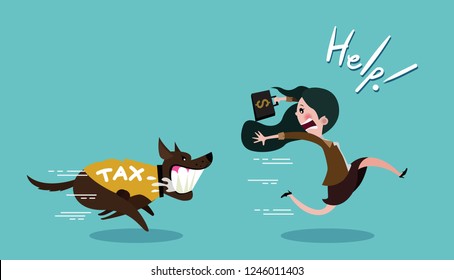 Business woman carrying dollar and run away the dog in shirt tax, vector cartoon