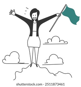 business woman carrying flag on mountain top in doodle cartoon style