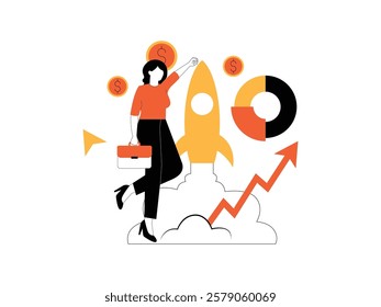 Business woman is carrying a handbag and is happy because her work is on target, there are also rockets and some data analysis.
design, vector, illustration