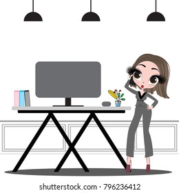 Business woman cartoon anima work office desk table computer blank screen  have flower on table luxury wall and lamp. working woman marketing technology vector illustrator people.