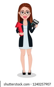 Business woman cartoon character. Beautiful lady businesswoman holds red arrow and calculator. Freelancer, manager, banker. Vector illustration.
