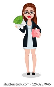 Business woman cartoon character. Beautiful lady businesswoman holds money and piggy bank. Freelancer, manager, banker. Vector illustration.
