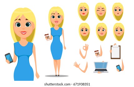 Business woman cartoon character creation set. Young attractive businesswoman in fashionable blue dress. Build your personal design - stock vector