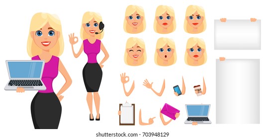 Business woman cartoon character creation set. Cute blonde businesswoman in smart casual clothes. Build your personal design - stock vector