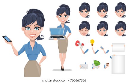 Business Woman Cartoon Character Creation Set. Young Beautiful Businesswoman In Smart Casual Clothes. Build Your Personal Design - Stock Vector