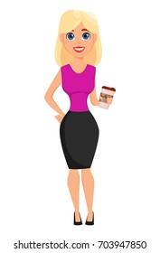 Business woman cartoon character. Cute blonde businesswoman holding cup of coffee while coffee break. Vector illustration on white background. 