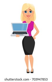 Business woman cartoon character. Cute blonde businesswoman holding modern laptop. Vector illustration on white background. 