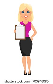 Business woman cartoon character. Cute blonde businesswoman holds blank clipboard. Vector illustration on white background.