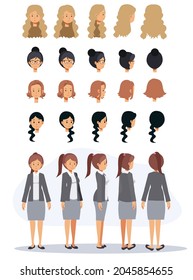 Business woman cartoon character and different hairstyle.Flat vector 2D cartoon character illustration.