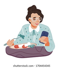 Business woman cartoon character eating and looking at smartphone, flat isolated vector illustration. Young girl having lunch break in a restaurant or cafe. Healthy eating and modern lifestyle.