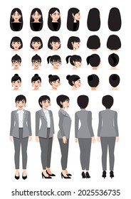 Business woman cartoon character in grey smart suit and different hairstyle for animation design vector collection