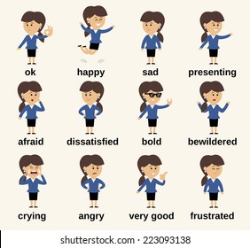 Business Woman Cartoon Character Happy And Sad Emotions Set Isolated Vector Illustration