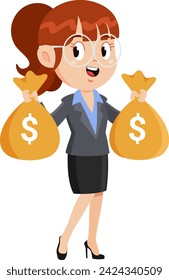 Business Woman Cartoon Character Holding Dollar Money Bags. Vector Illustration Flat Design Isolated On Transparent Background