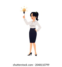 Business woman cartoon character inspired by an idea, flat vector illustration isolated on white background. Smart creative executive or office employee.