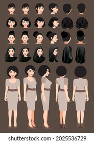 Business woman cartoon character in khaki color dress and different hairstyle for animation design vector collection