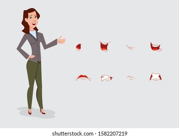 Business woman cartoon character set with various facial emotions.