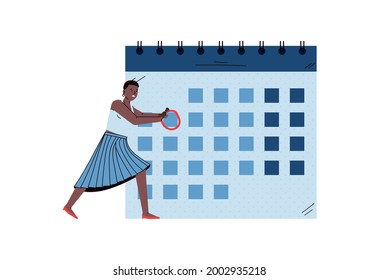 Business woman cartoon character takes notes on desktop calendar, sketch vector illustration isolated on white background. Deadline and professional time management.