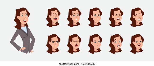Business woman cartoon character with various facial emotions and lip sync. character for custom animation.