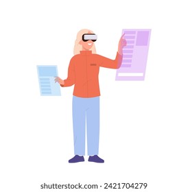 Business woman cartoon character wearing vr glasses headset working with virtual financial tables
