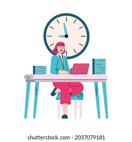Business woman cartoon character working in office at backdrop with wall clock, sketch vector illustration isolated on white background. Time management and planning.