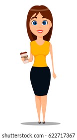 Business woman cartoon character. Young attractive businesswoman in smart casual clothes standing with coffee while coffee-break - stock vector