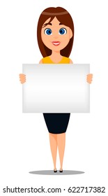 Business woman cartoon character. Young attractive businesswoman in smart casual clothes holding blank sign - Businesswoman avatar stock vector/ EPS10