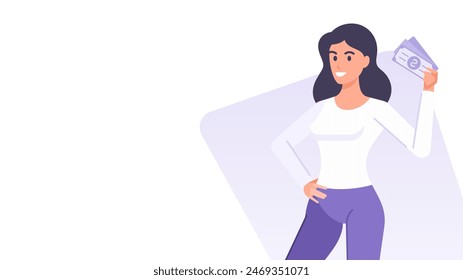 Business woman with cash money dollar currency banknote banner design template vector flat illustration. Cartoon female character showing salary wealth financial banking profit commercial earnings