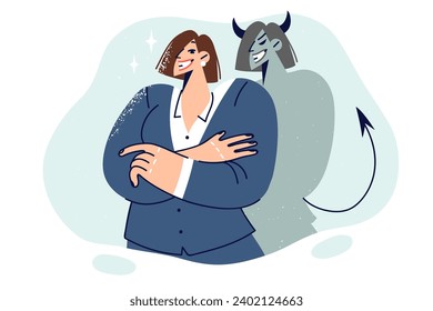 Business woman casting devil shadow standing with crossed arms, for concept of evil intent. Mean girl in business clothes smiles and thinks about plan for unfair competition or aggressive marketing