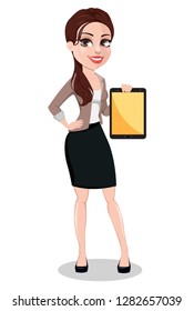 Business woman in casual clothes. Beautiful businesswoman cartoon character holding tablet. Vector illustration. 