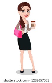 Business woman in casual clothes. Beautiful businesswoman cartoon character holding a cup of coffee. Vector illustration. 