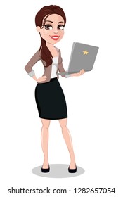 Business woman in casual clothes. Beautiful businesswoman cartoon character holding laptop. Vector illustration. 