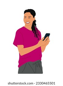 Business woman in casual clothes holding, using mobile phone. Pretty smiling lady with smartphone in hands surfing internet, chatting. Vector realistic illustration isolated on white background