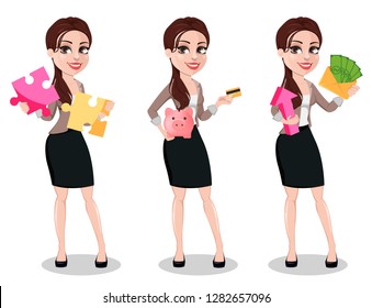 Business woman in casual clothes, set of three poses. Beautiful businesswoman cartoon character holds two pieces of puzzle, holds piggy bank and holds envelope with money. Vector illustration