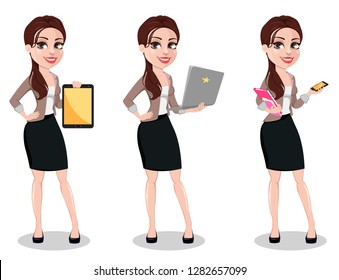 Business woman in casual clothes, set of three poses. Beautiful businesswoman cartoon character holds tablet, holds laptop and holds smartphone. Vector illustration